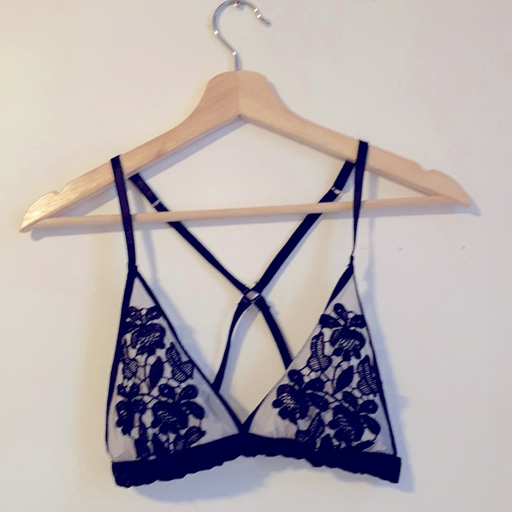 Lace and mesh bralette. Size M.black/gray with cross cross back and floral lace